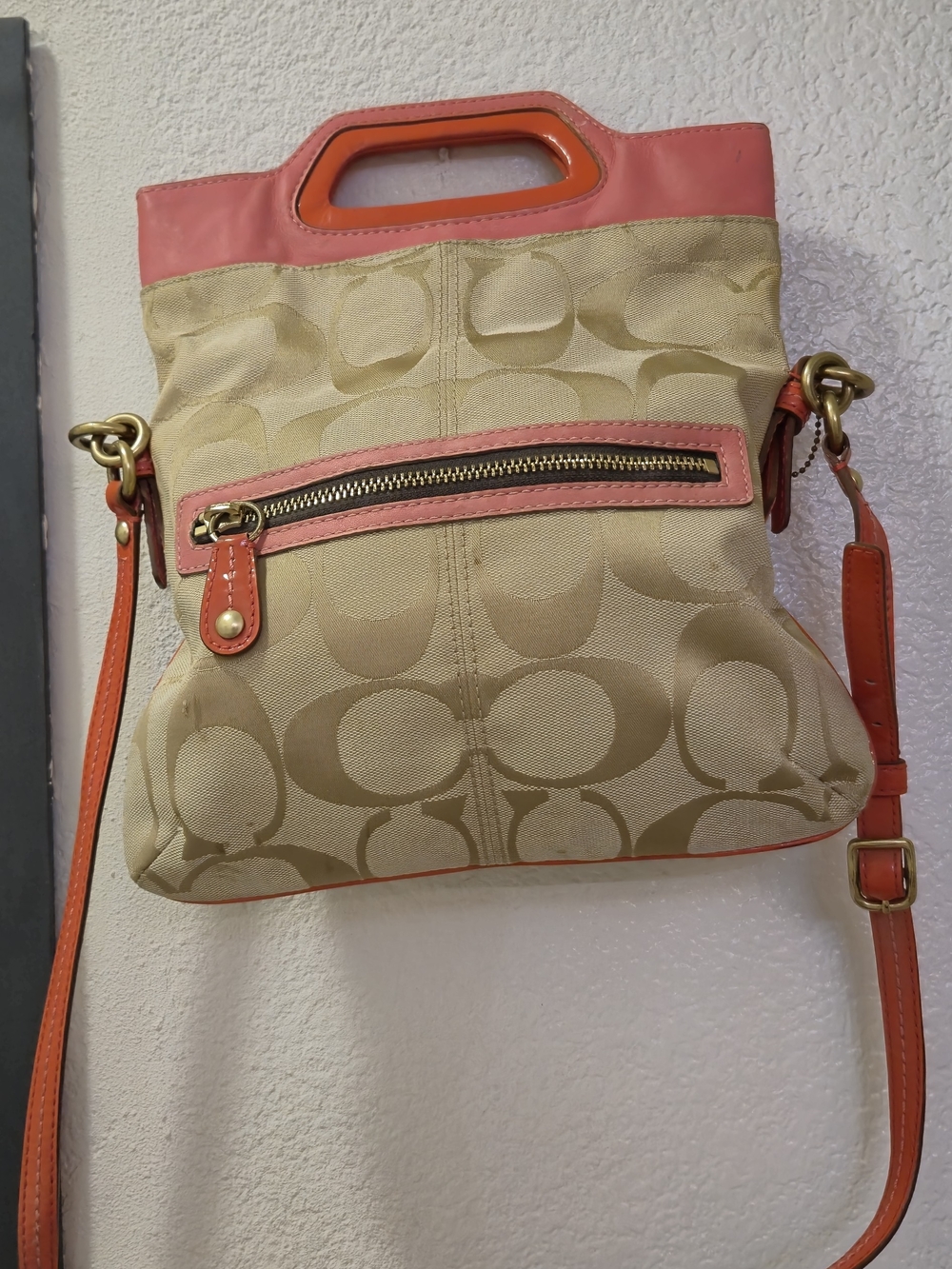 Coach Signature Canvas Crossbody Bag in Khaki and Coral